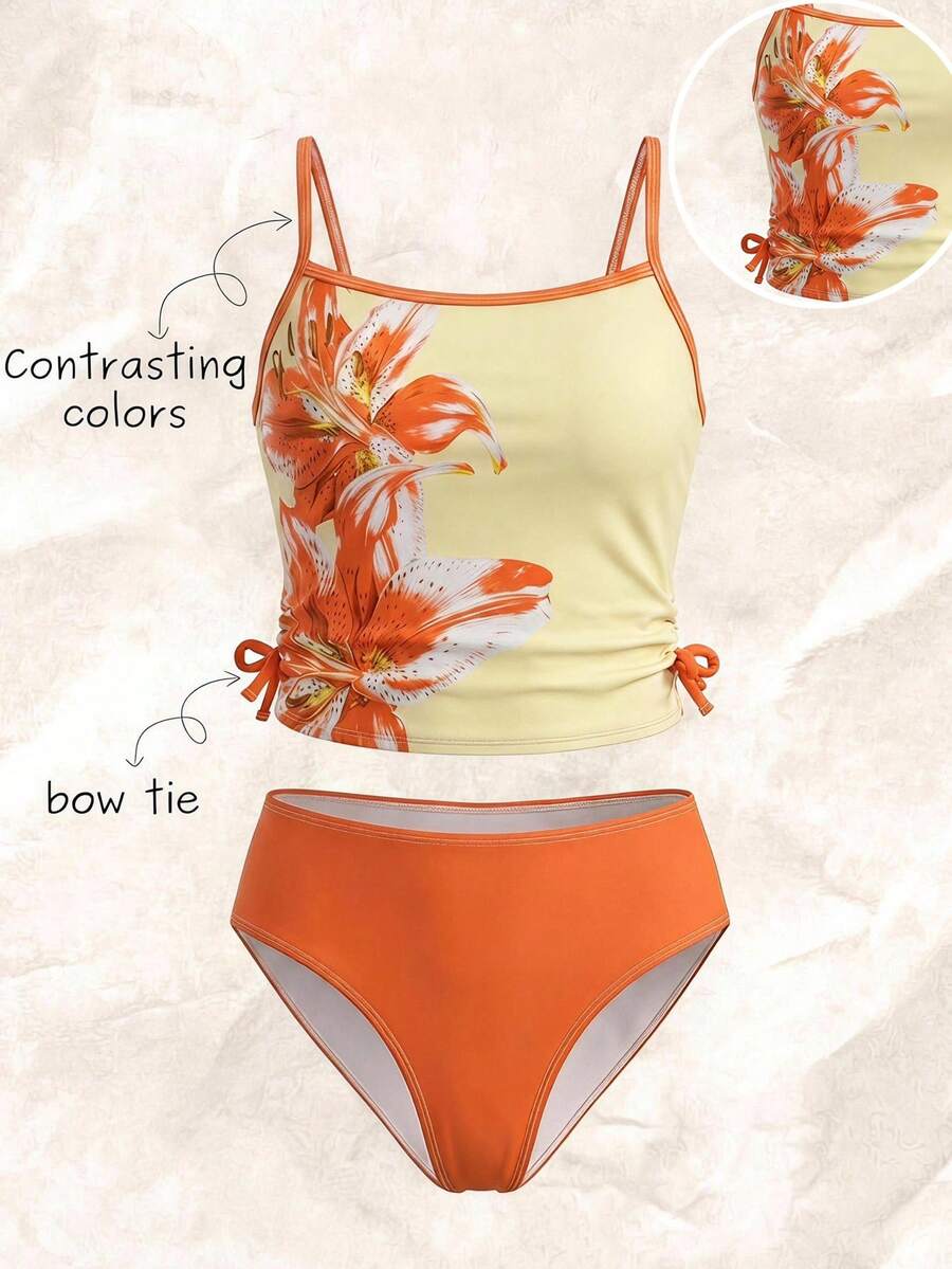 SHEIN Bộ bikini 2 mảnh cho thiếu nữ, bộ đồ bơi mùa hè thời trang phối màu khối họa tiết hoa, gồm áo và quần bơi, phù hợp để bơi, đi nghỉ mát, mặc đi biển mùa hè, bộ đồ bơi trẻ em, kỳ nghỉ hè - trái cam - Xem 1