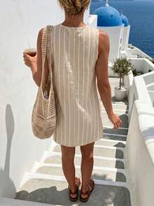 SHEIN Holidaya Fashion V-Neck Sleeveless Striped Dress - Apricot - View 2