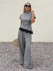 DAZY Spring Summer Women's Striped Waist-Cinched Short Sleeve Asymmetrical Hem Design Lace Patchwork Loose Fit 2pcs Set Long Pants - Grey - View 6