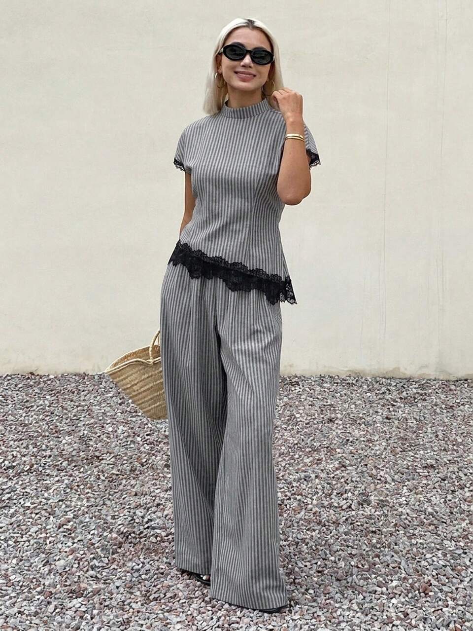 Spring Summer Women's Striped Waist-Cinched Short Sleeve Asymmetrical Hem Design Lace Patchwork Loose Fit 2pcs Set Long Pants Lounge Sets For Women