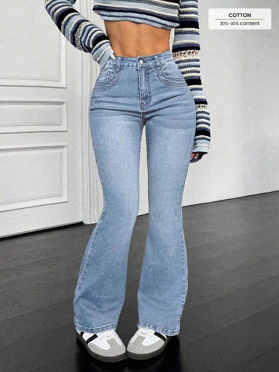 SHEIN PETITE Women's Casual Washed Flared Jeans With Slant Pockets, Autumn - Blue - View 1