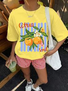 青少年女孩休閒簡約美式復古風，甜美夏季熱帶水果檸檬圖案，亮黃色配紅白條紋，田園海灘度假風，寬鬆圓領短袖T恤與寬鬆短褲兩件套，適合春夏，圖案印花，舒適，女孩套裝 - 彩色 - 查看 1