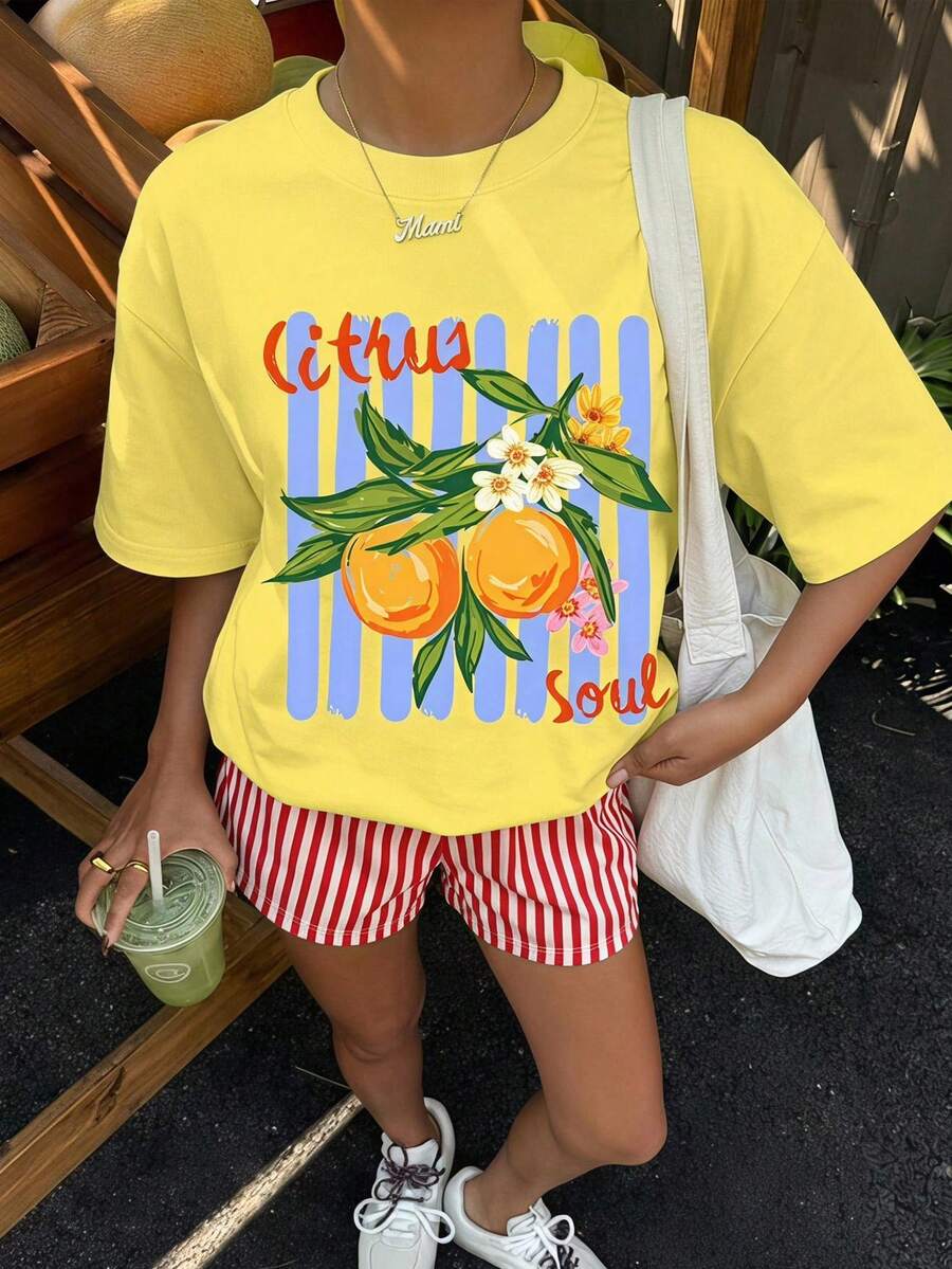 青少年女孩休閒簡約美式復古風,甜美夏季熱帶水果檸檬圖案,亮黃色配紅白條紋,田園海灘度假風,寬鬆圓領短袖T恤與寬鬆短褲兩件套,適合春夏,圖案印花,舒適,女孩套裝 - 彩色 - 查看 1