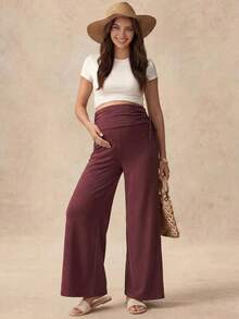 Boho Mama Celana Panjang Kasual Hamil Warna Polos dengan Tali Serut Samping dan Pinggang yang Dapat Diatur, Pakaian Musim Panas Gaya Boho, Pakaian Kasual untuk Acara Baby Shower - Merah - View 3