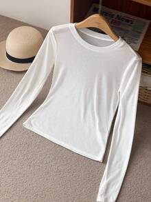 Livesso Women's White Semi-High Neck Long Sleeve Semi-Sheer Solid Color Slim Fit Minimalist All-Match Versatile Base Layer T-Shirt Autumn Everyday - White - View 5
