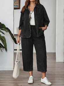 EMERY ROSE EMERY ROSE Plus Size Solid Color Drop Shoulder Casual Loose Front Button Denim Blouse Going Out Tops - Black - View 4