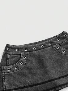 ACID BLVD Summer Vacation Y2K Hot Girl Metallic Eyelet Washed Bodycon Mini Skirt - Grey - View 10