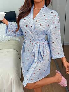 Napfluff Women's Casual Cherry Plaid Print Open Front Robe - Blue - View 1