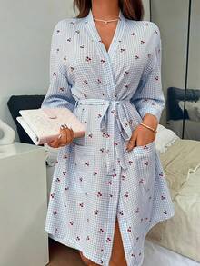 Napfluff Women's Casual Cherry Plaid Print Open Front Robe - Blue - View 5