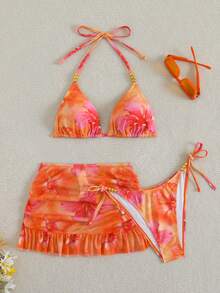 Swim SXY 女款3件組花卉隨機印花夏季性感V領掛脖綁帶比基尼套裝附罩衫裙 - 彩色 - 查看 2