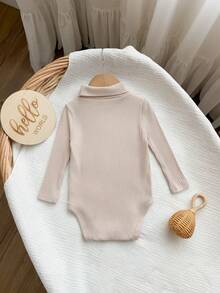 Baby Girl Solid Color Ribbed Texture Long Sleeve Turtleneck Versatile Casual Autumn Bodysuit - Apricot - View 2