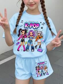 Young Girl Round Neck Letter Cartoon Print Short Sleeve T-Shirt And Shorts Casual Daily Set - Multicolor - View 1