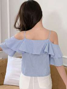 DAZY Blusa de mujer con cuello redondo, manga corta de malla en contraste y ribete de volantes - Azul - Ver 2