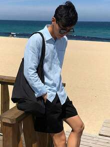 DAZY 男士長袖素色寬鬆版型襯衫 夏季 - 藍色 - 查看 2