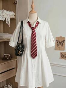 Comfortcana Plus Size Women's White Casual Elegant Single-Breasted Dress Teachers' Day Office Summer - White - View 7