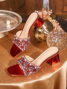 CUCCOO TILAWA Sandalias de tacón alto para mujer con cristales de vidrio y pedrería, adecuadas para actividades al aire libre y fiestas, zapatos de primavera y verano, tacones para baile de primavera y Pascua - Rojo - Ver 1