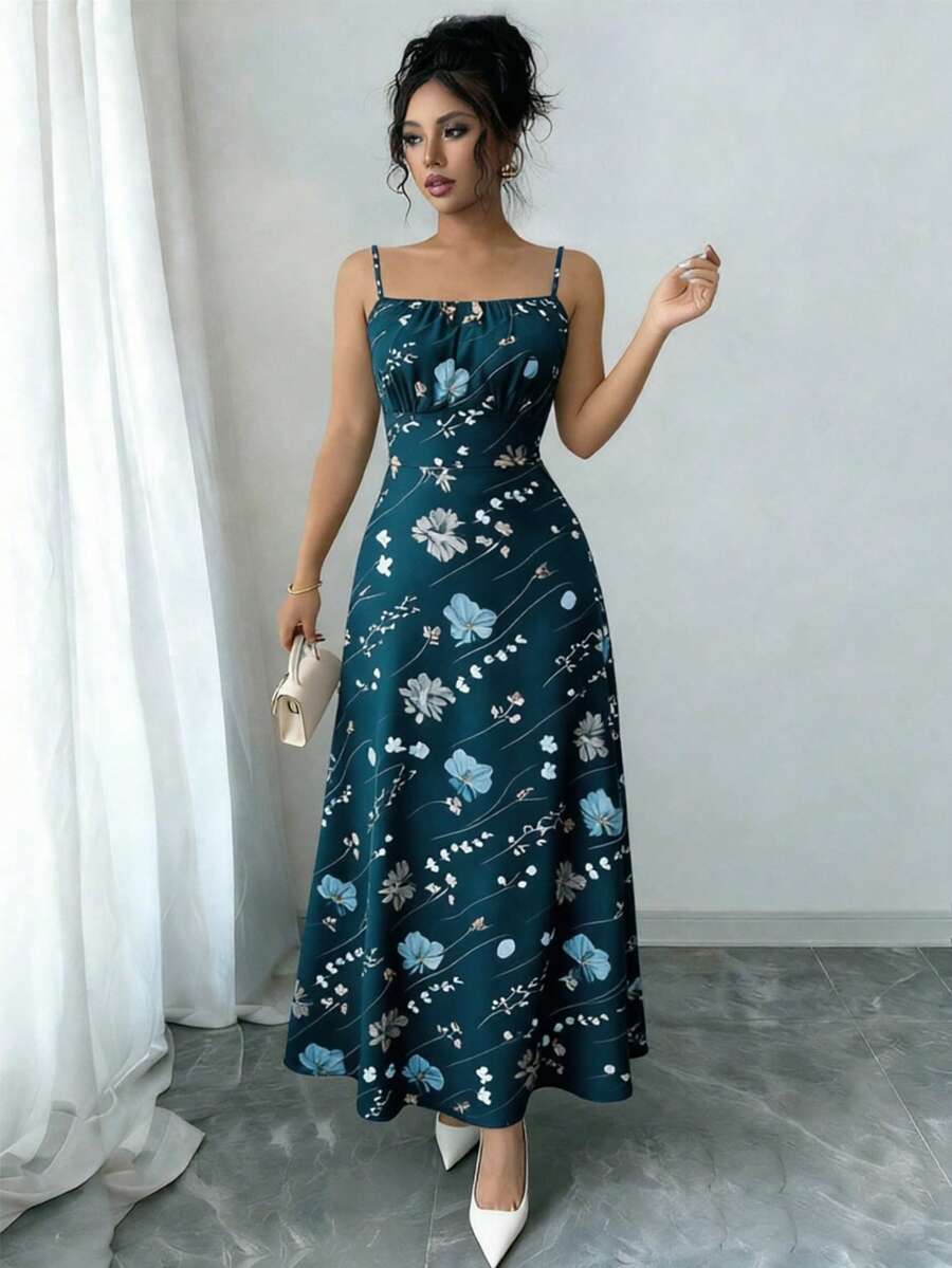 SHEIN Raffinéa 女款優雅花卉印花細肩帶度假洋裝 - 藍色 - 查看 1