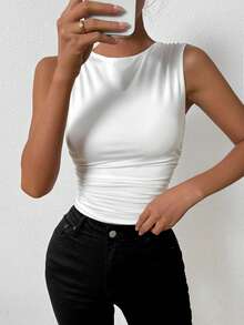 Allurite Women Tank Tops & Camis Ruched Plain Casual - Putih - View 4