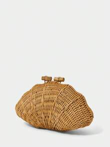 SHECARRY Bolso de mano tejido a mano de ratán con forma de concha para mujer, verano playa, clutch caqui, forma llamativa, ligero y versátil, adecuado para vacaciones, playa, estilo bohemio - Marrón - Ver 2