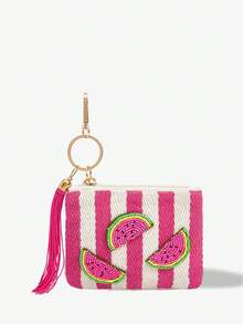 Viva Strut 1 Peça Fashionable, Simples, Personalizado e Divertido, Primavera e Verão Vento, Chaveiro de Contas de Melancia Vermelho-Rosa Listrado Feito à Mão com Franjas, Bolsa de Troca, Praia e Férias de Verão à Beira-Mar, Melhor Presente - Rosa vermelha e branca - Visão 4