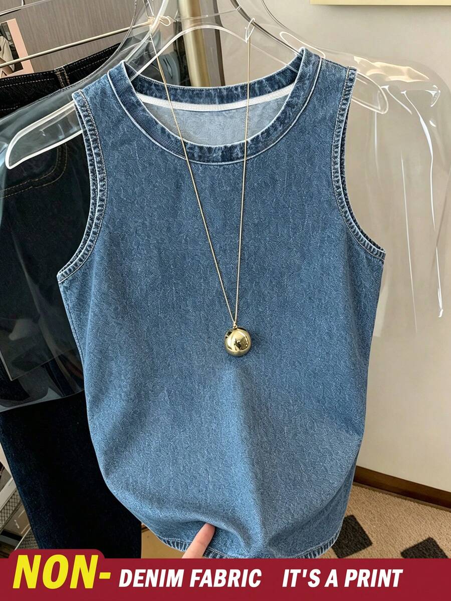 Resyla Women's Casual Denim Print Round Neck Tank Top, Summer - Multicolor - View 1