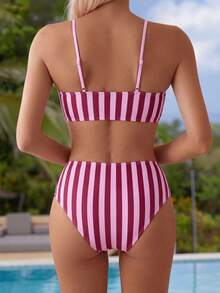 Swim Mod Women's Spring/Summer Vacation Casual Sexy Random Print Striped Bandeau Top And Sexy High Waist Bikini Bottom 2pcs Set - Multicolor - View 2