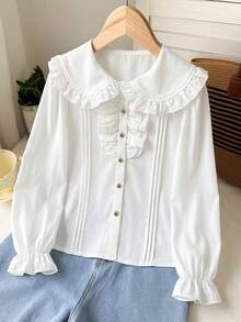 SHEIN 女童白色長袖荷葉領襯衫 - 白色 - 查看 9