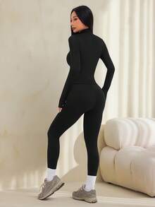 SHEIN PETITE Solid Zip Up Sports Jacket With Thumb Holes - Black - View 2