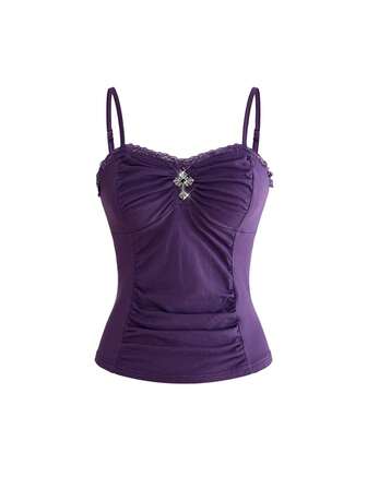 Goth Top de tirantes ajustado para mujer con colgante de cruz gótica, patchwork de encaje romántico y fruncido