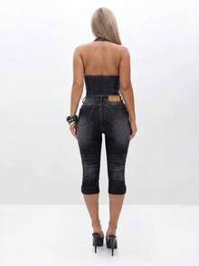 BABYPHAT Plus Size Capri Denim Jeans With Cuffed Hem, Embroidered Logo Pocket, Acid Wash Stretch Fit - Black - View 2