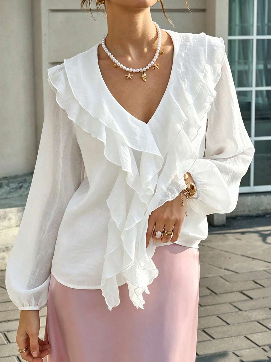 Jade & Ember Women's Solid Color V-Neck Ruffle Trim Casual Elegant Romantic Long Sleeve Top Tea Party White Autumn - White - View 1