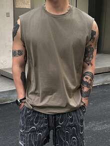 DAZY 橄欖綠毛邊寬鬆版型男士背心 夏季款 - 軍綠色 - 查看 4