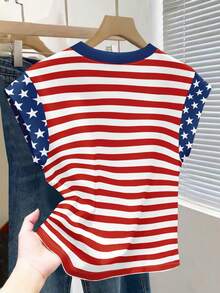 Resyla Women's Round Neck Short Ruffle Sleeve Striped USA Print Pattern T-Shirt Top - Multicolor - View 2