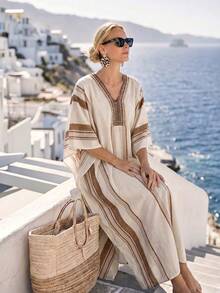 SHEIN Holidaya 女款長洋裝 數碼印花 夏秋季服飾 套頭式 度假海灘女裝 2026新款 日常通勤 百搭約會 - 卡其色 - 查看 6
