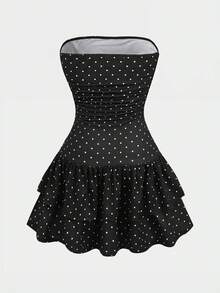 Vestido elegante negro de estilo dulce y lindo para niñas preadolescentes, con diseño de lazo, volantes y encaje a lunares, apropiado para la oficina, el día a día y el invierno, con ajuste ceñido en la cintura y vuelo en el bajo - Negro - Ver 2