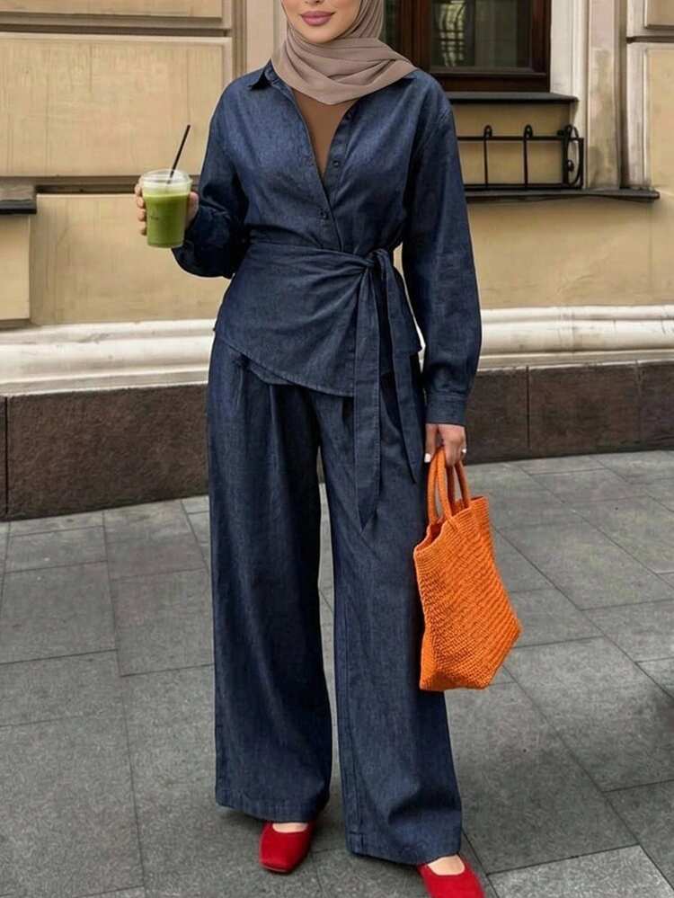 Women's Vintage Washed Korean Style Denim Shirt & Casual Loose Fit Pants 2 Pieces Set Petite