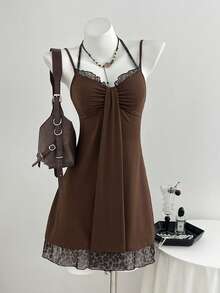 Elamini Women's Summer Minimalist Dark Brown Vacation Casual Sexy Low-Cut V-Neck Leopard Print Mesh Patchwork Camisole Mini Dress Night Out Club - Brown - View 1