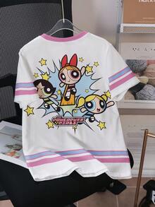 THE POWERPUFF GIRLS X SHEIN Tween Girl Letter Print Crew Neck Short Sleeve Casual T-Shirt - White - View 2
