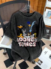 LOONEY TUNES X SHEIN 男士夏季休閒卡通字母印花T恤 - 黑色 - 查看 5