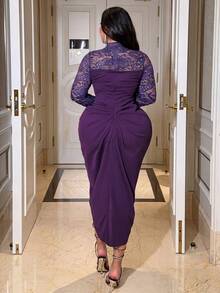 NU&NOW Plus Size Women Spring Autumn Winter Sexy Party Gathering Banquet Lace Patchwork High Neck Long Sleeve Bandeau Elastic Slim Fit Bodycon Ruched Slit Dress - Purple - View 2