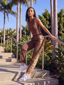 CAJUNI Women's Elastic Waist Casual Sports Long Pants - Brown - View 3