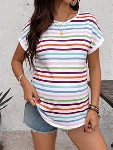 SHEIN Maternity Round Neck Short Sleeve Colorful Striped T-Shirt - Multicolor - View 5