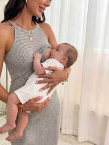 SHEIN Đầm cho bà bầu dệt kim gân đơn giản, màu trơn, thích hợp mặc hàng ngày đi làm, mùa hè. - Màu Khaki - Xem 3