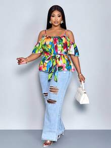 SOLERSUN Plus-Size Women's Floral V-Neck Off-Shoulder Loose Casual Blouse, Adorned With Ruffles And A Tie Waist. Spring/Summer Vacation Blouse, Fitted Casual Blouse, Green Blouse, Easter Shirt, Plus-Size Ruffled Short-Sleeved Tea Party Blouse, Everyday Commuting Blouse, A-Line Ruffled Hem Blouse, New Spring/Summer Ruffled Short-Sleeved Tie-Up Loose Blouse, Elegant, Casual, And Sexy Women's Wear. - Green - View 1