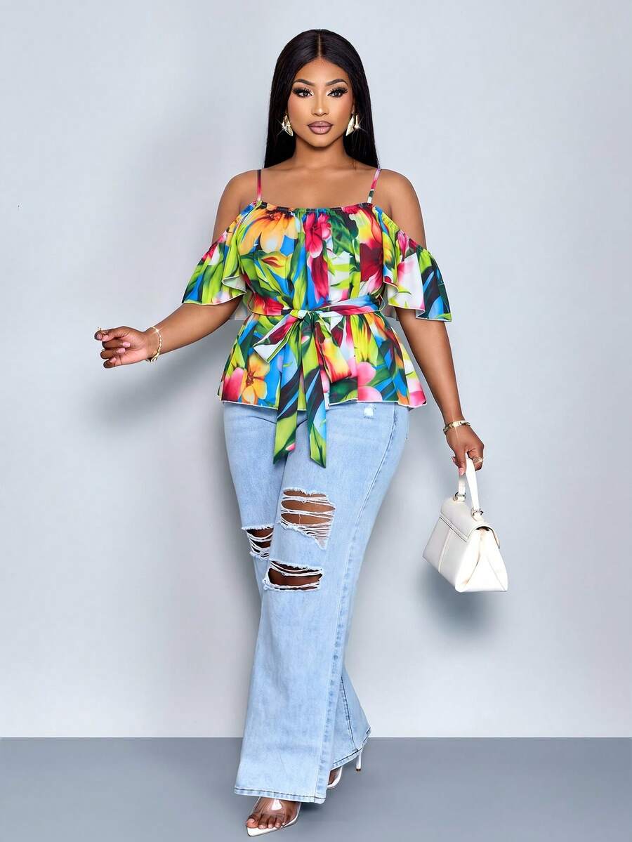 SOLERSUN Plus-Size Women's Floral V-Neck Off-Shoulder Loose Casual Blouse, Adorned With Ruffles And A Tie Waist. Spring/Summer Vacation Blouse, Fitted Casual Blouse, Green Blouse, Easter Shirt, Plus-Size Ruffled Short-Sleeved Tea Party Blouse, Everyday Commuting Blouse, A-Line Ruffled Hem Blouse, New Spring/Summer Ruffled Short-Sleeved Tie-Up Loose Blouse, Elegant, Casual, And Sexy Women's Wear. - Green - View 1