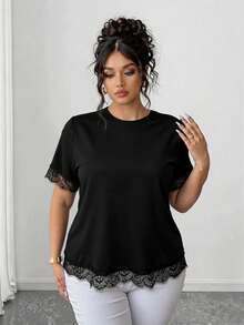 EMERY ROSE Plus Size Women's Vacation T-Shirt With Asymmetrical Back Design And Lace Patchwork Details - Black - View 4