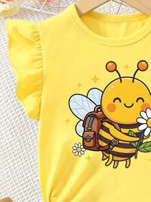 Setelan Kaos Pendek Lengan Bergelombang dan Celana Sepeda untuk Anak Perempuan Muda dengan Motif Lebah Kartun Kreatif dan Segar, Gaya Kasual, Nyaman untuk Olahraga Sehari-hari, Musim Semi, Musim Panas, dan Musim Gugur. - MultiWarna - View 7