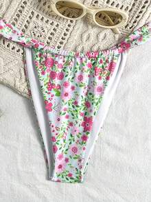 Swim Mod 1pc Women's Red & Green Ditsy Floral Triangle Sexy Beach Vacation Swimsuit Set - Multicolor - View 5