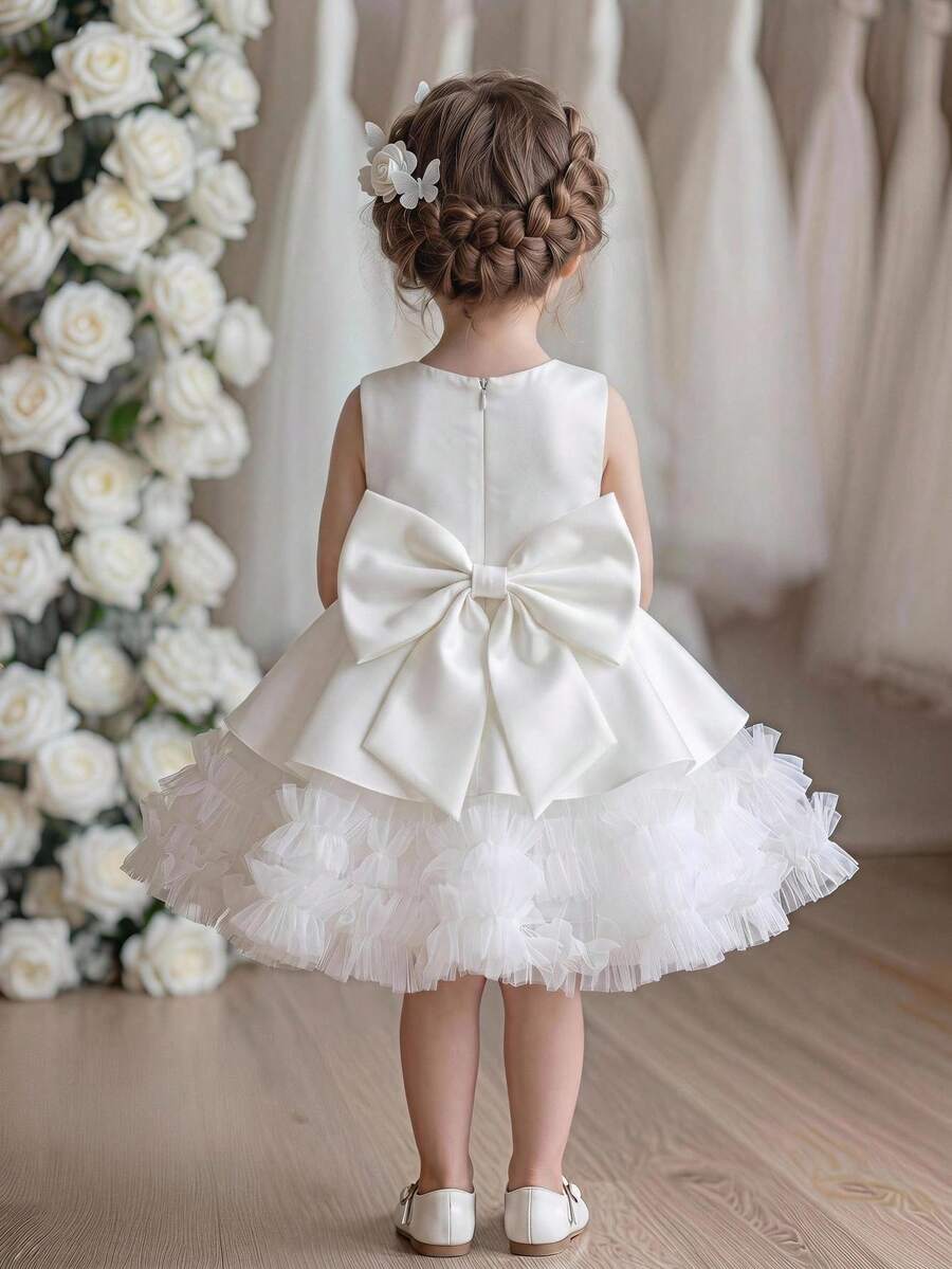 Glamorique Kids 女嬰白色優雅花童禮服，緞面柔軟薄紗泡泡袖無袖夏季洋裝，附可拆式蝴蝶結背部，適合婚禮、畢業典禮、派對