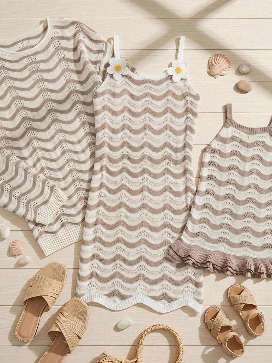 SHEIN Tween Girl 3D Floral Decor Wavy Pattern Colorblock Casual Vacation Cover-Up Strap Dress - Coffee Brown - View 1